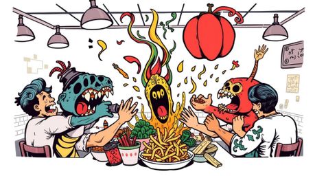 This vibrant tattoo art print depicts a chaotic and fun wild food fight in a cartoon cafeteria.  Rendered in a retro style wi