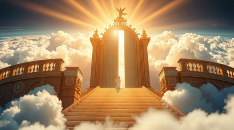 Explore the breathtaking detail of a heavenly gate floating above the clouds in extreme macro close-up. Golden light spills d