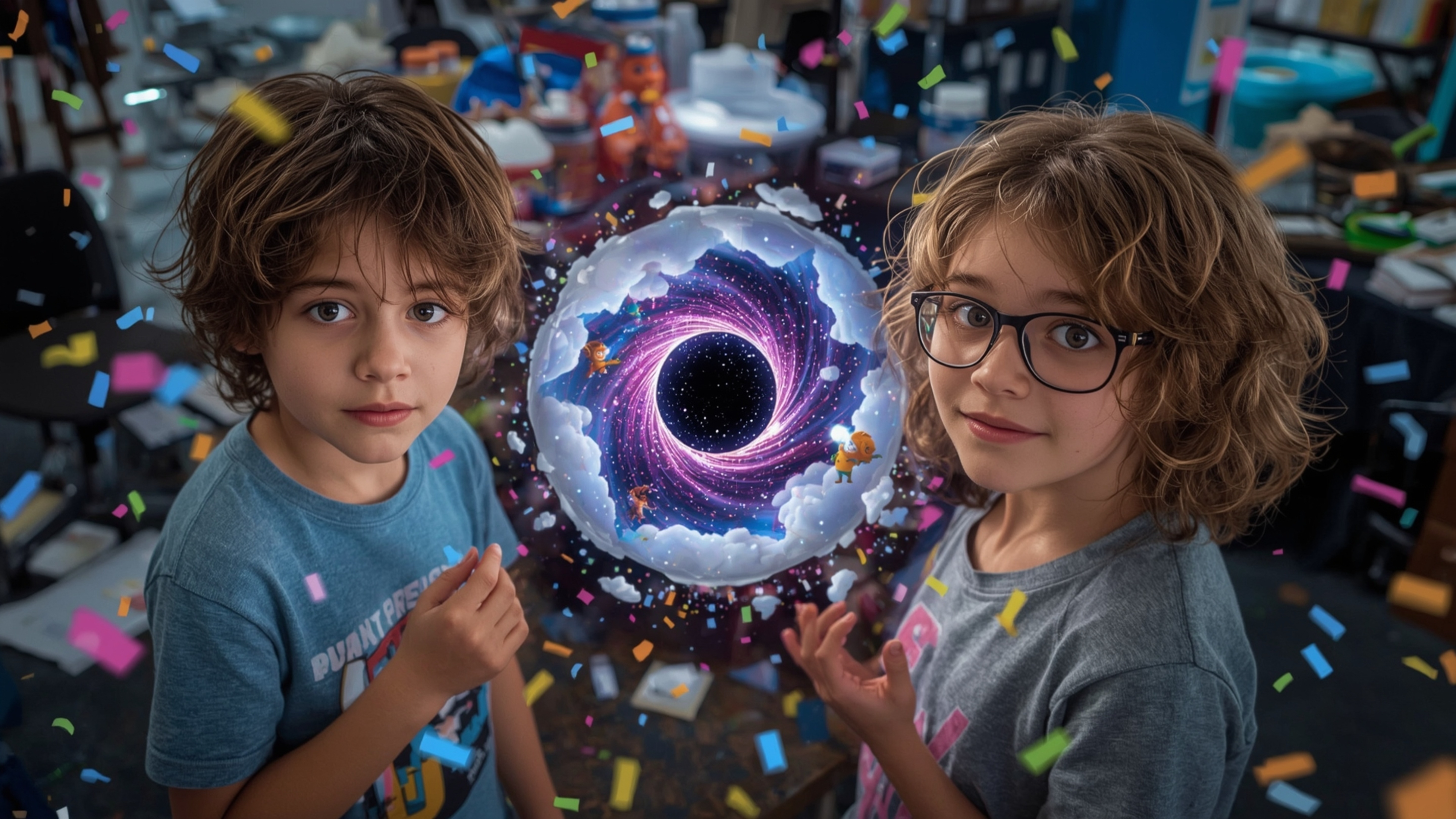 A highly detailed, vibrant, and whimsical cinematic photograph captures two enthusiastic science fair students—a boy with mes