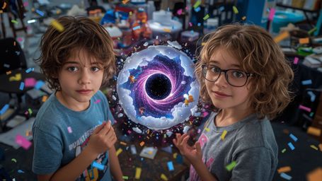 A highly detailed, vibrant, and whimsical cinematic photograph captures two enthusiastic science fair students—a boy with mes