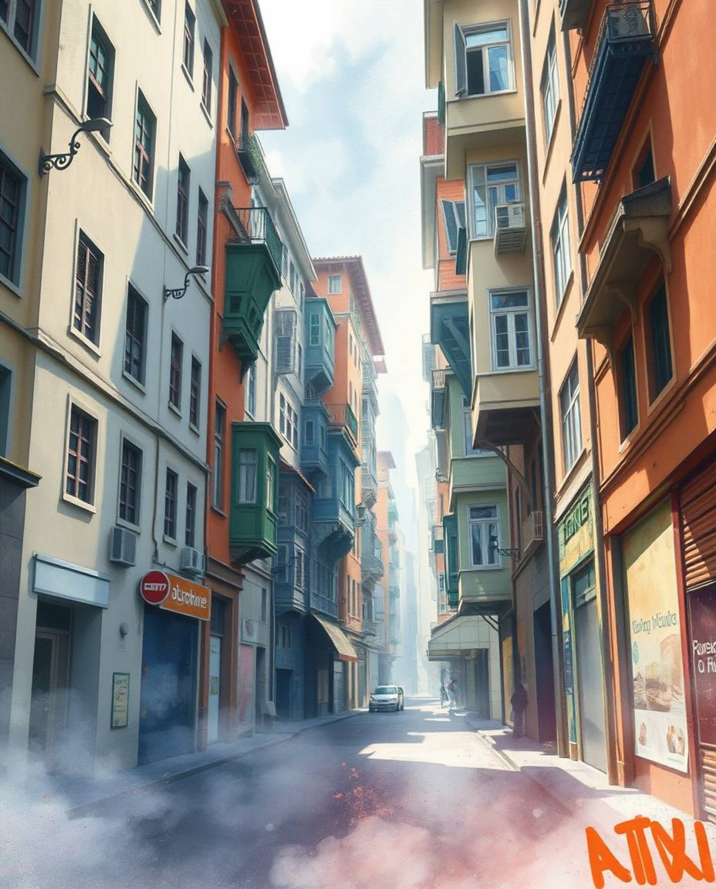 A captivating surreal street scene depicted in a delicate watercolor style. Buildings fold and twist in impossible angles, ba