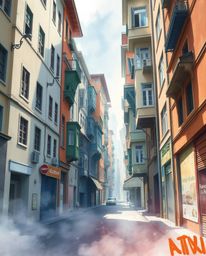 A captivating surreal street scene depicted in a delicate watercolor style. Buildings fold and twist in impossible angles, ba