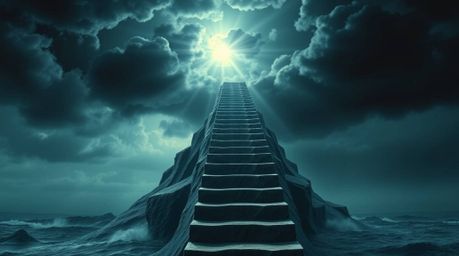 A breathtaking bronze sculpture depicts a dramatic staircase ascending from the ocean into a stormy sky illuminated by a radi