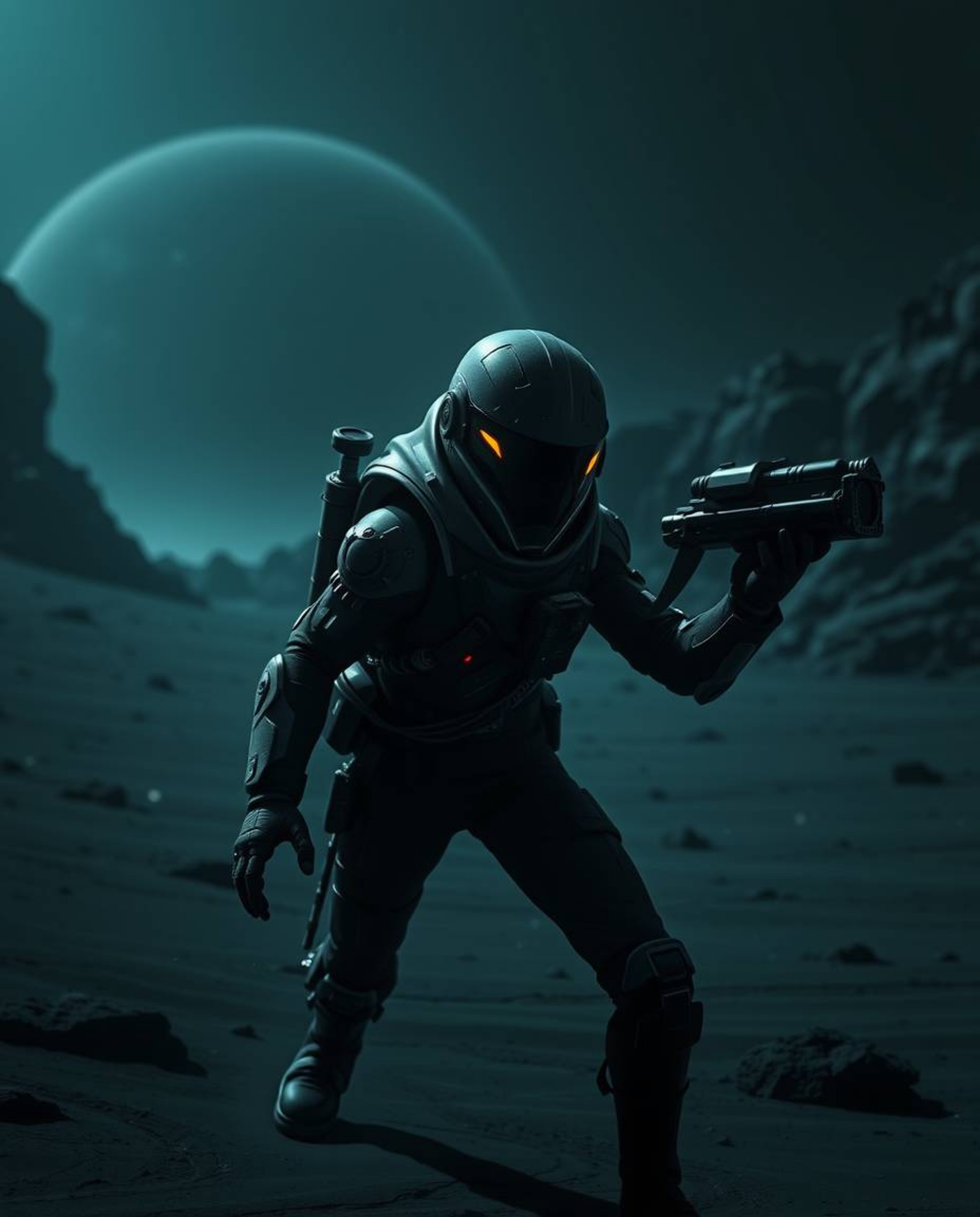Embark on a thrilling futuristic sci-fi adventure in a jet-black desert landscape, where a Disney-style hero faces challenges