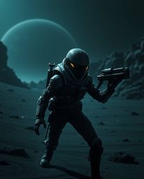 Embark on a thrilling futuristic sci-fi adventure in a jet-black desert landscape, where a Disney-style hero faces challenges