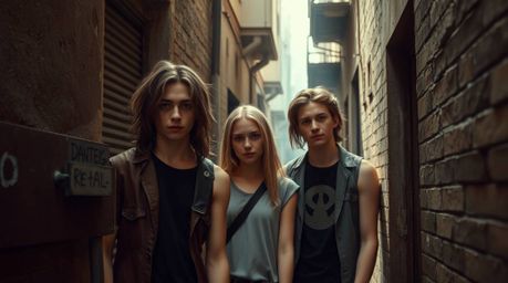 Capture the raw energy of a grungy city alley with rebellious teens illuminated by volumetric lighting. This scene features n
