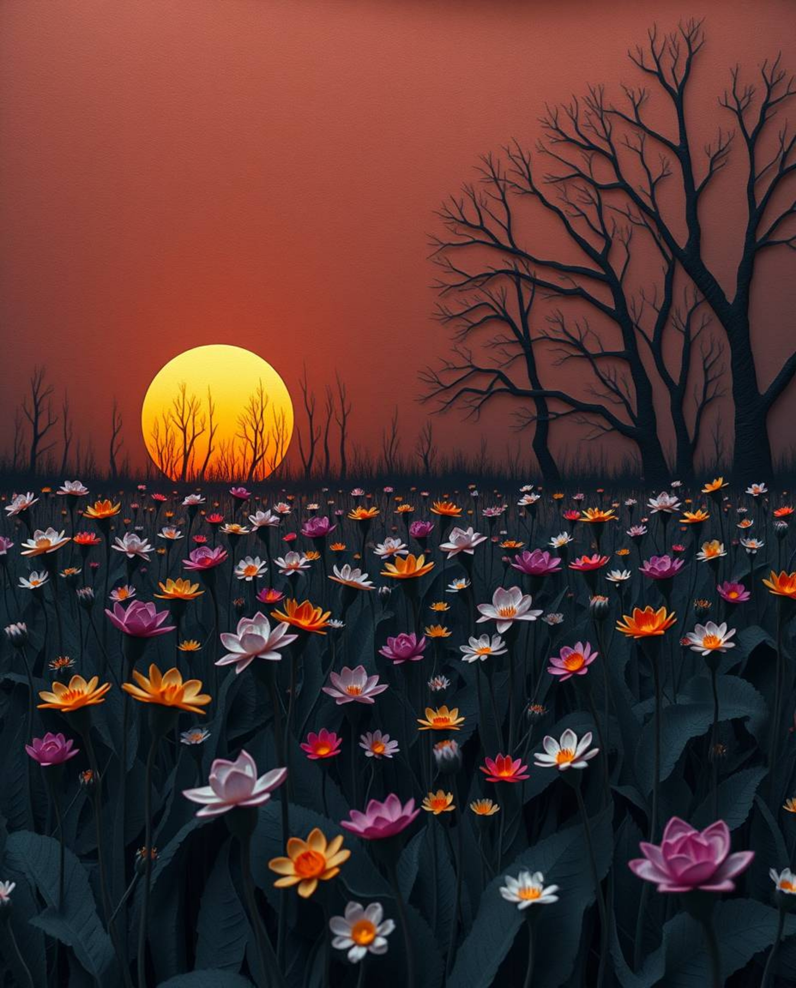An eerie and creepy depiction of a spring wildflower meadow at sunset, crafted in an intricate origami style. The artwork is 