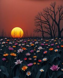 An eerie and creepy depiction of a spring wildflower meadow at sunset, crafted in an intricate origami style. The artwork is 