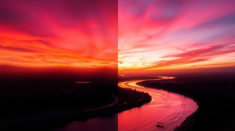 This captivating light art piece features a unique split composition showcasing a winding river glowing vibrantly under a dra