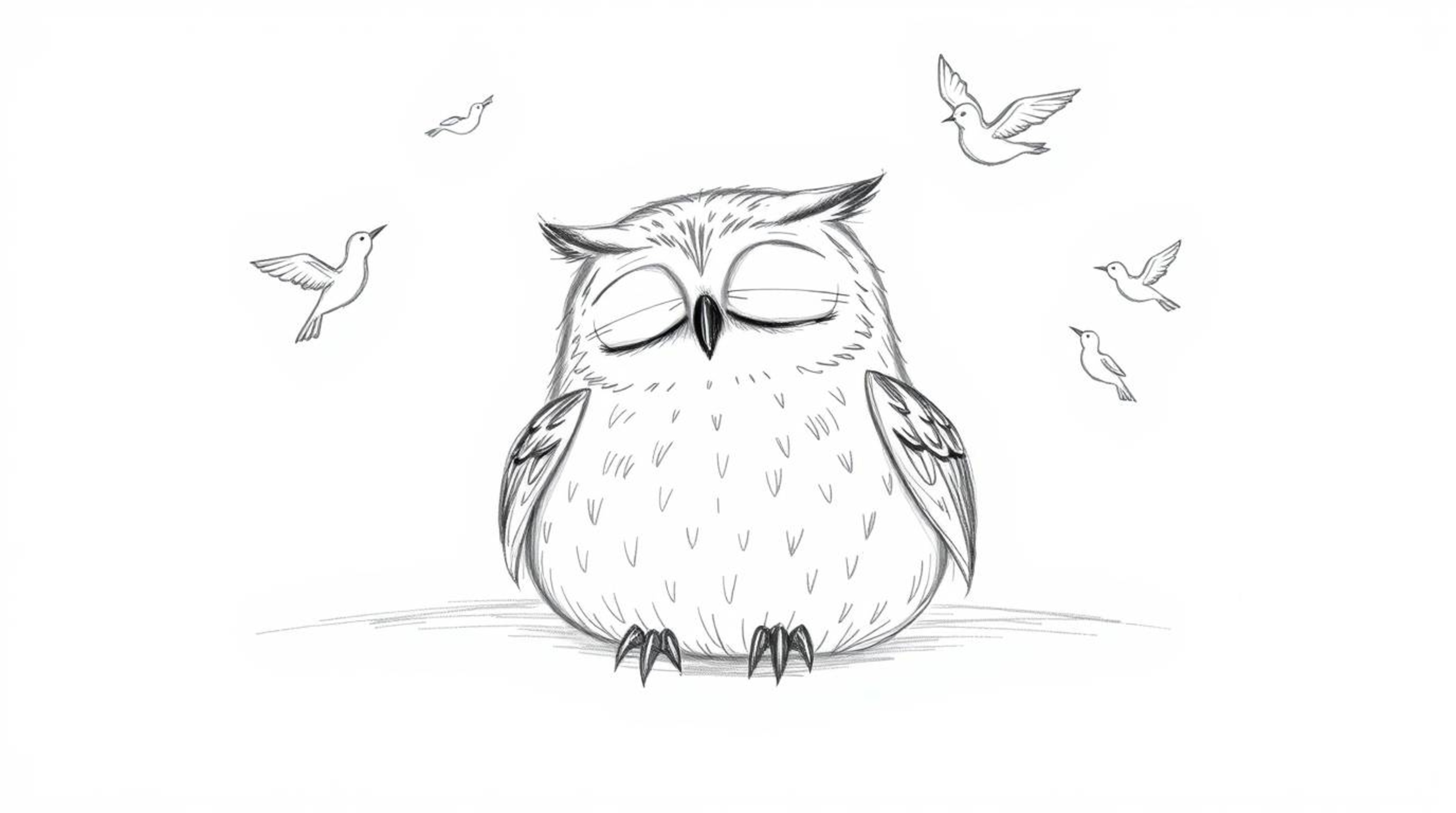 This hand-drawn sketch, reminiscent of Pixar's style, portrays a blind owl peacefully resting against a white background, sur