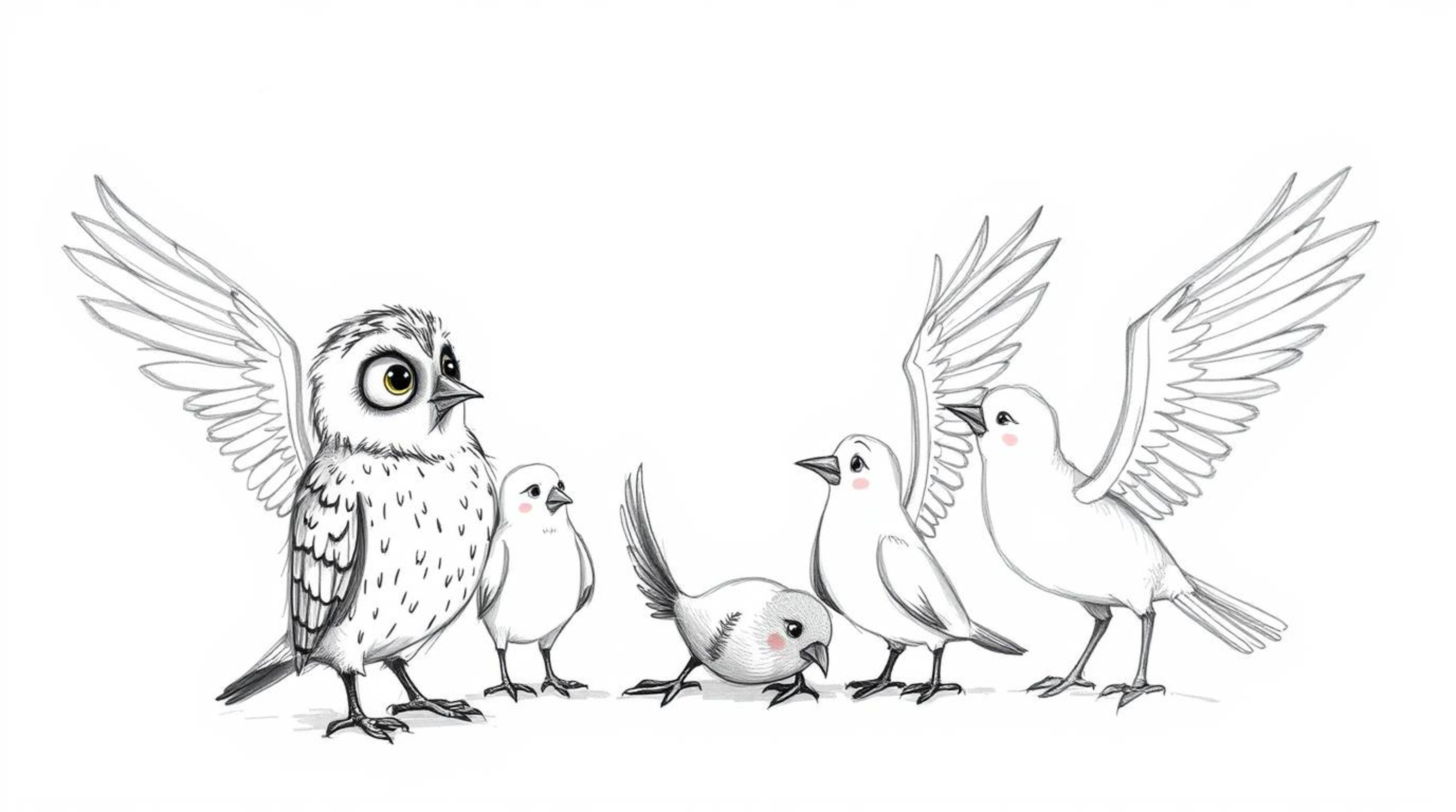 A heartwarming Pixar-style hand-drawn sketch depicts a blind owl patiently guiding several birds. The birds, in turn, sketch 