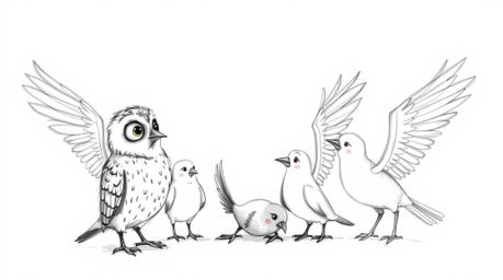 A heartwarming Pixar-style hand-drawn sketch depicts a blind owl patiently guiding several birds. The birds, in turn, sketch 