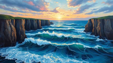 A captivating classic oil painting depicting dramatic waves crashing against rugged cliffs at sunset.  The artwork showcases 