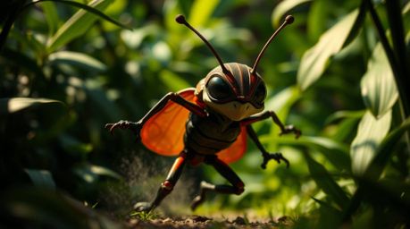 A tiny, dynamic hero, the size of a bug, embarks on an exciting adventure through a vibrant backyard jungle. Dramatic chiaro