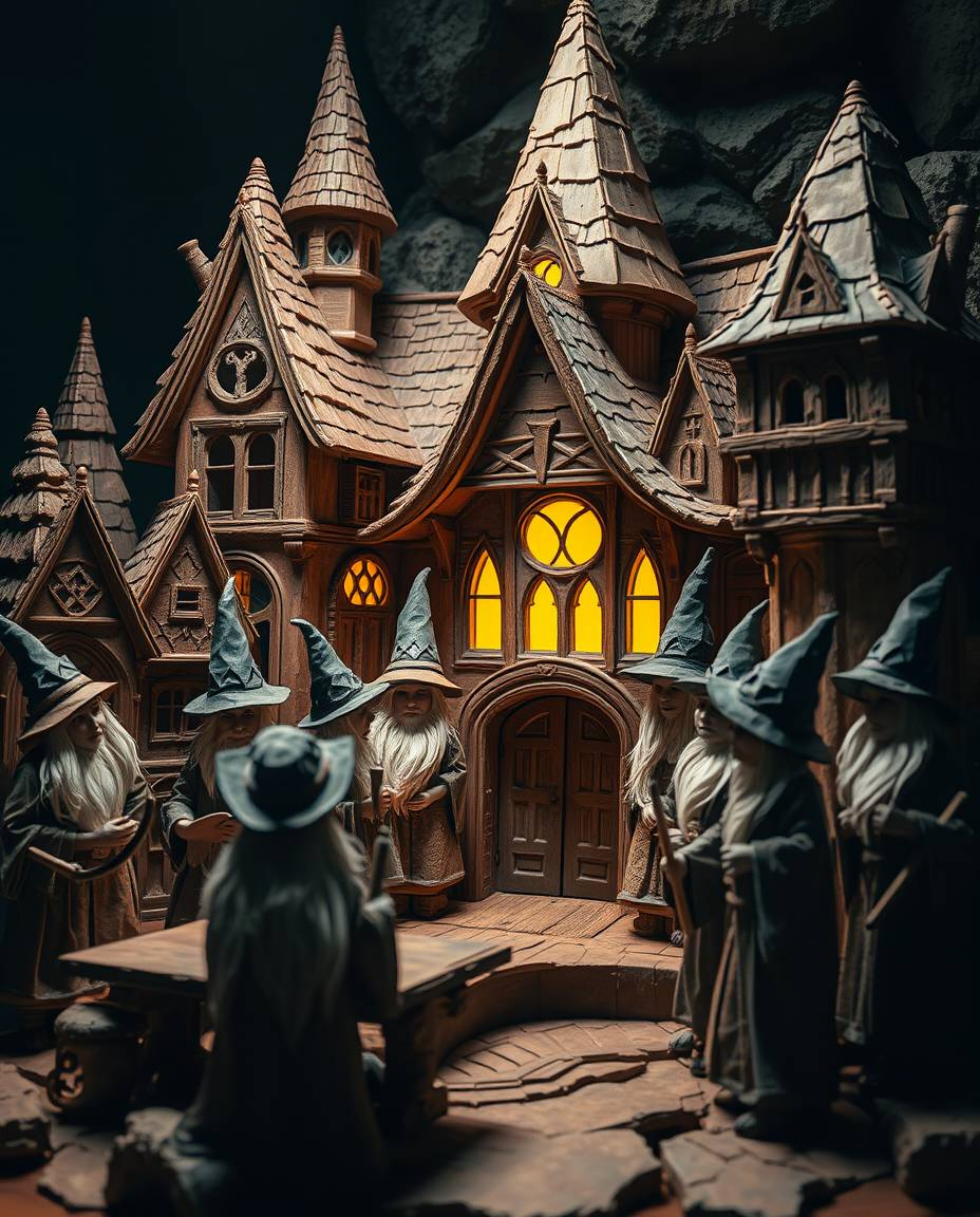 Explore a magical school crafted from layered papier-mâché, home to young wizards brought to life with unique artistic flair.