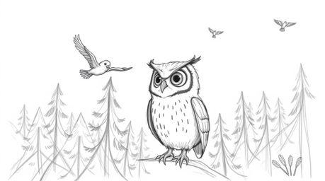 A charming hand-drawn sketch in the style of Pixar depicts a blind owl with large, expressive eyes patiently teaching birds t