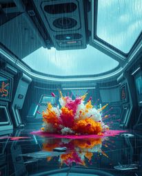 Experience a futuristic sci-fi scene where a room explodes with vibrant paint under a wet, rainy sky. Advanced technology and