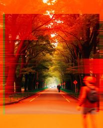 Experience the captivating blend of candid street photography and digital glitch art. This image showcases a surreal contrast