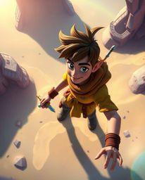 This digital painting showcases a Disney-style hero embarked on a thrilling desert adventure.  Viewed from a high-angle persp