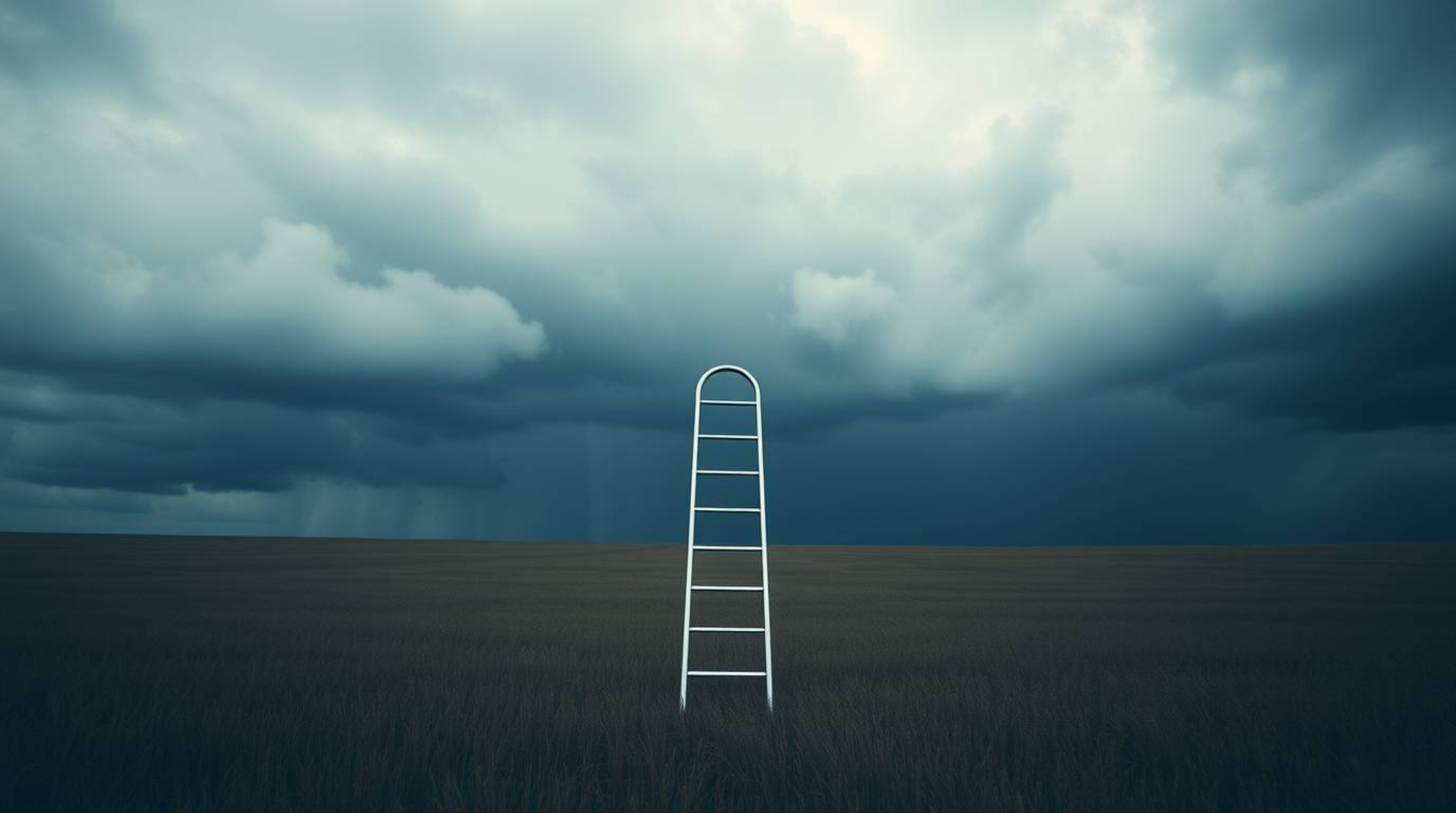 This high-resolution stock photo captures a minimalist scene featuring a silver ladder standing in an open field beneath a wi