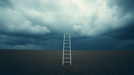 This high-resolution stock photo captures a minimalist scene featuring a silver ladder standing in an open field beneath a wi