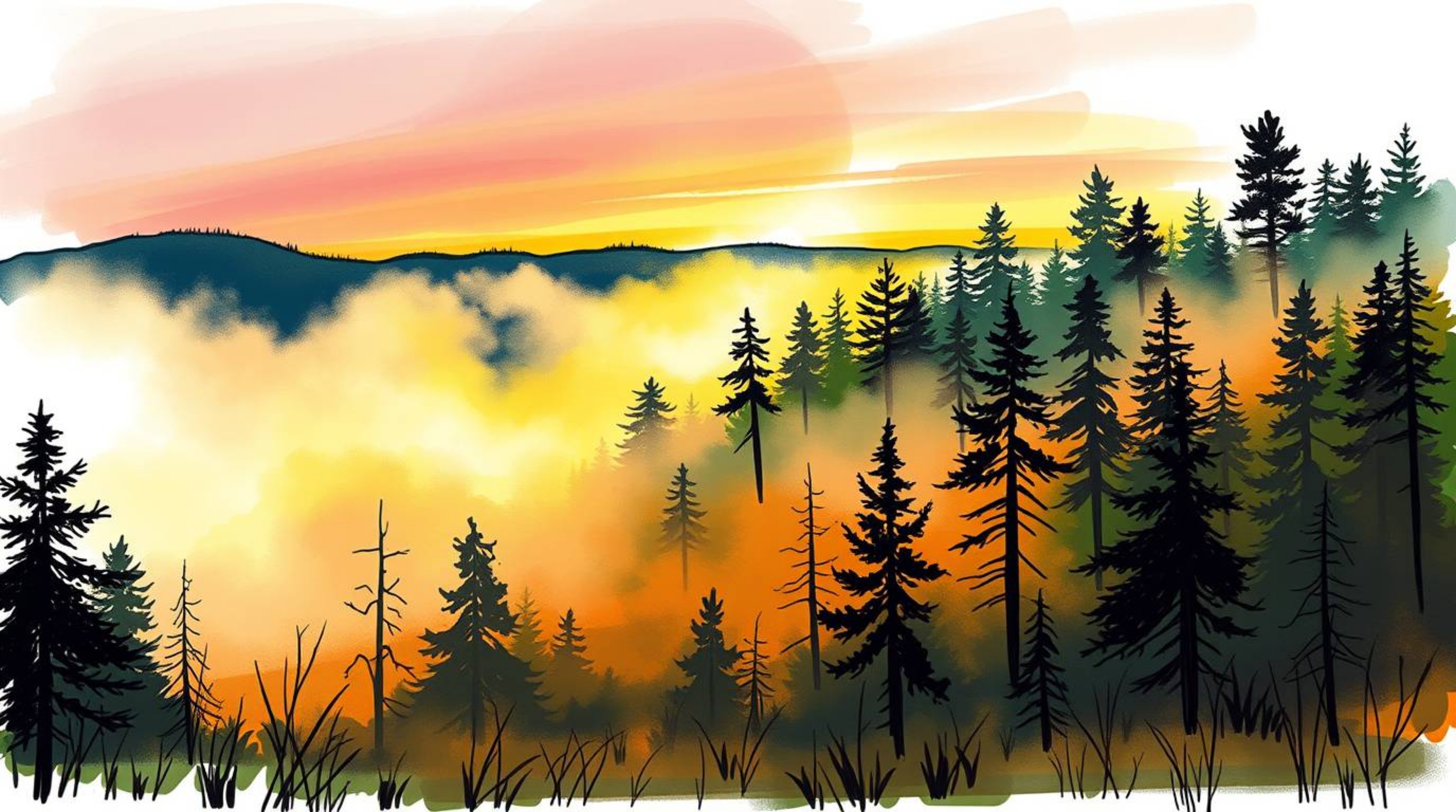 A captivating hand-drawn sketch depicting mist rising from a forest at golden hour.  The artwork utilizes vibrant complementa
