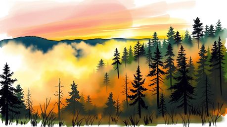 A captivating hand-drawn sketch depicting mist rising from a forest at golden hour.  The artwork utilizes vibrant complementa