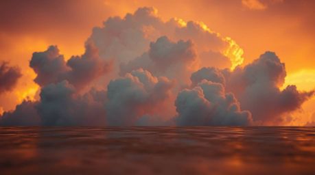 A captivating image showcases a cast bronze sculpture depicting thunderstorm clouds dramatically illuminated by sunset light.
