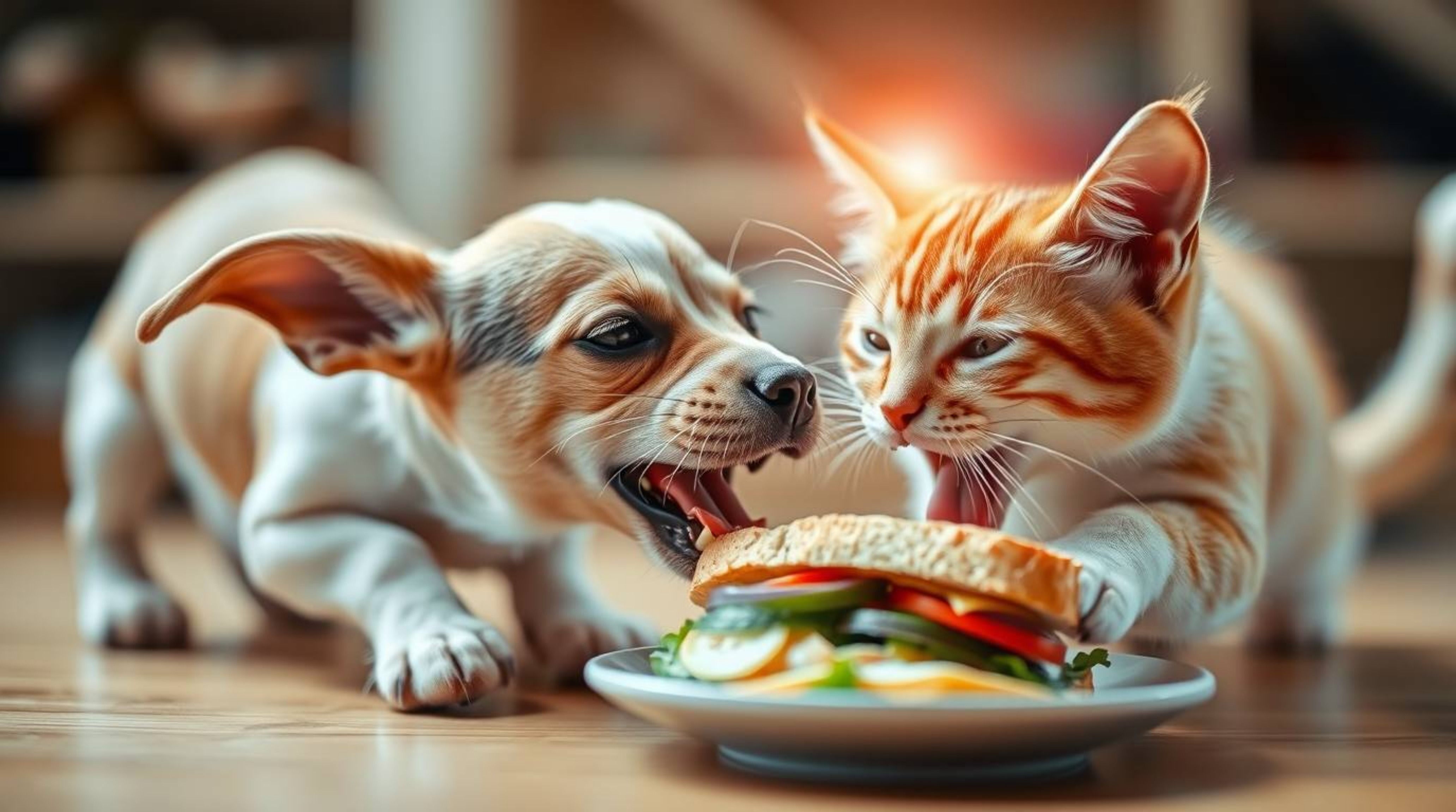 A captivating image showcasing a hilarious battle between a dog and a cat over a delicious sandwich.  The photograph features