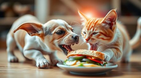 A captivating image showcasing a hilarious battle between a dog and a cat over a delicious sandwich.  The photograph features