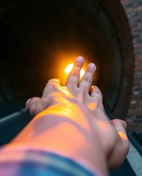 A captivating extreme macro photograph showcasing iridescent colors bathed in warm golden hour light. A hand gently touches t