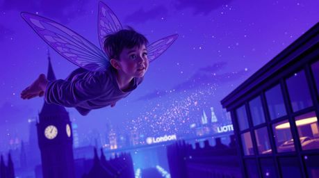 A stunning image of a young boy with light skin soaring above London propelled by magical pixie dust, rendered in striking de
