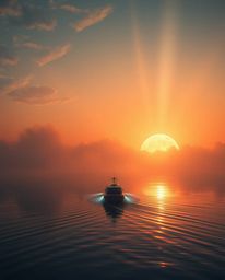 A digitally rendered image depicts a boat drifting on a lake at sunset in a stunning futuristic sci-fi style. The atmosphere 