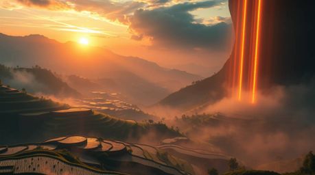 Explore breathtaking modern futuristic scenes featuring epic scale and volumetric lighting, capturing the beauty of a sunset 