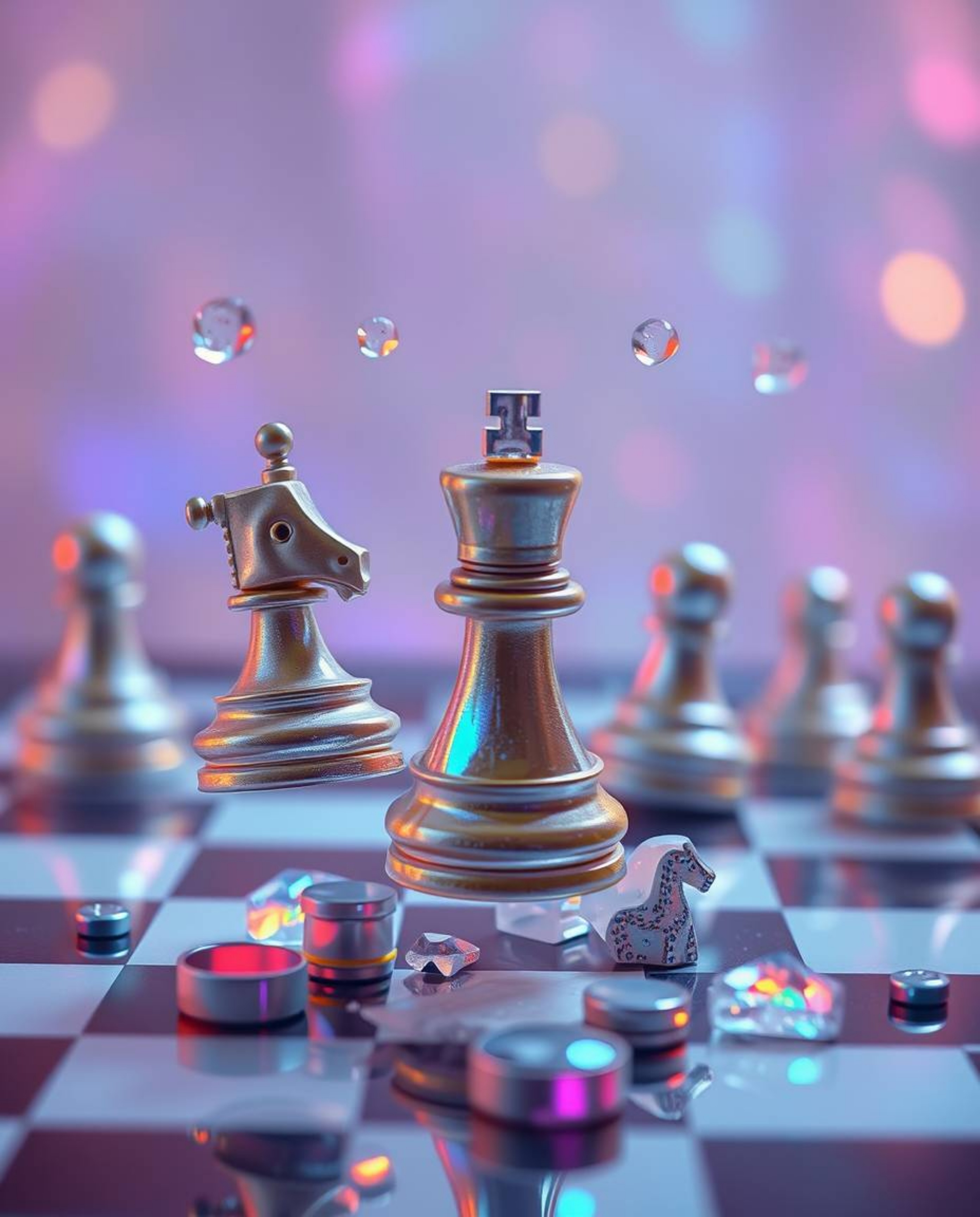 This image features an adorable and cute depiction of a chessboard undergoing a frozen destruction, with pieces suspended mid