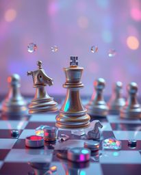 This image features an adorable and cute depiction of a chessboard undergoing a frozen destruction, with pieces suspended mid