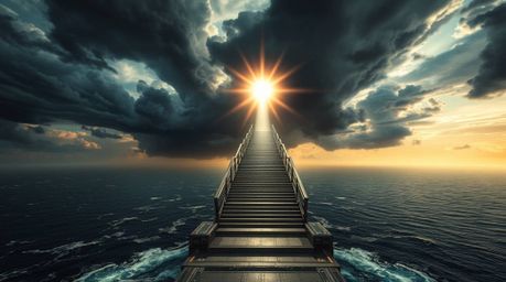 An epic and symbolic scene unfolds with a high-angle perspective of a futuristic, sci-fi staircase rising dramatically from t
