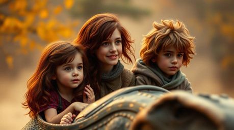 Experience a prehistoric family with reddish-brown hair and fair skin embarking on an adventure in their dinosaur car, bathed