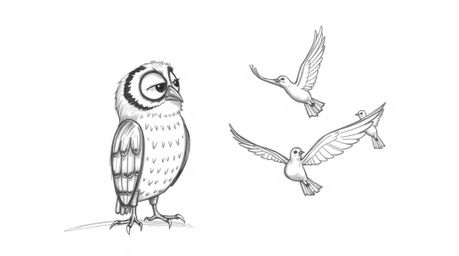 A heartwarming hand-drawn sketch in the style of Pixar, depicting a blind owl patiently teaching birds how to fly. The textur