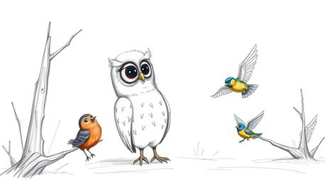 A charming hand-drawn sketch in the style of Pixar depicts a wise, blind owl with soft feathers and expressive eyes, teaching