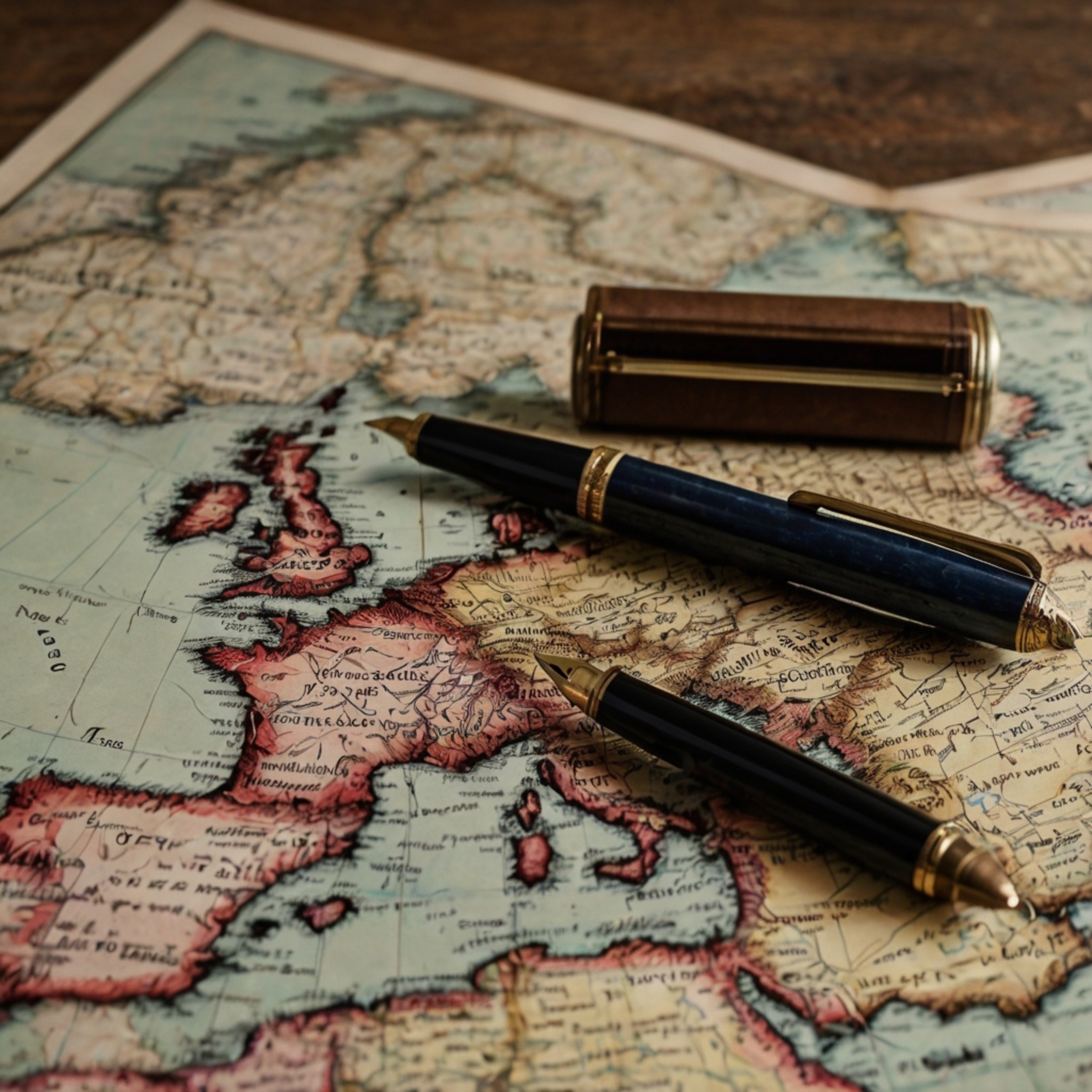 A curated collection featuring vintage postcards and a classic fountain pen are artfully arranged on a faded map of Europe. T