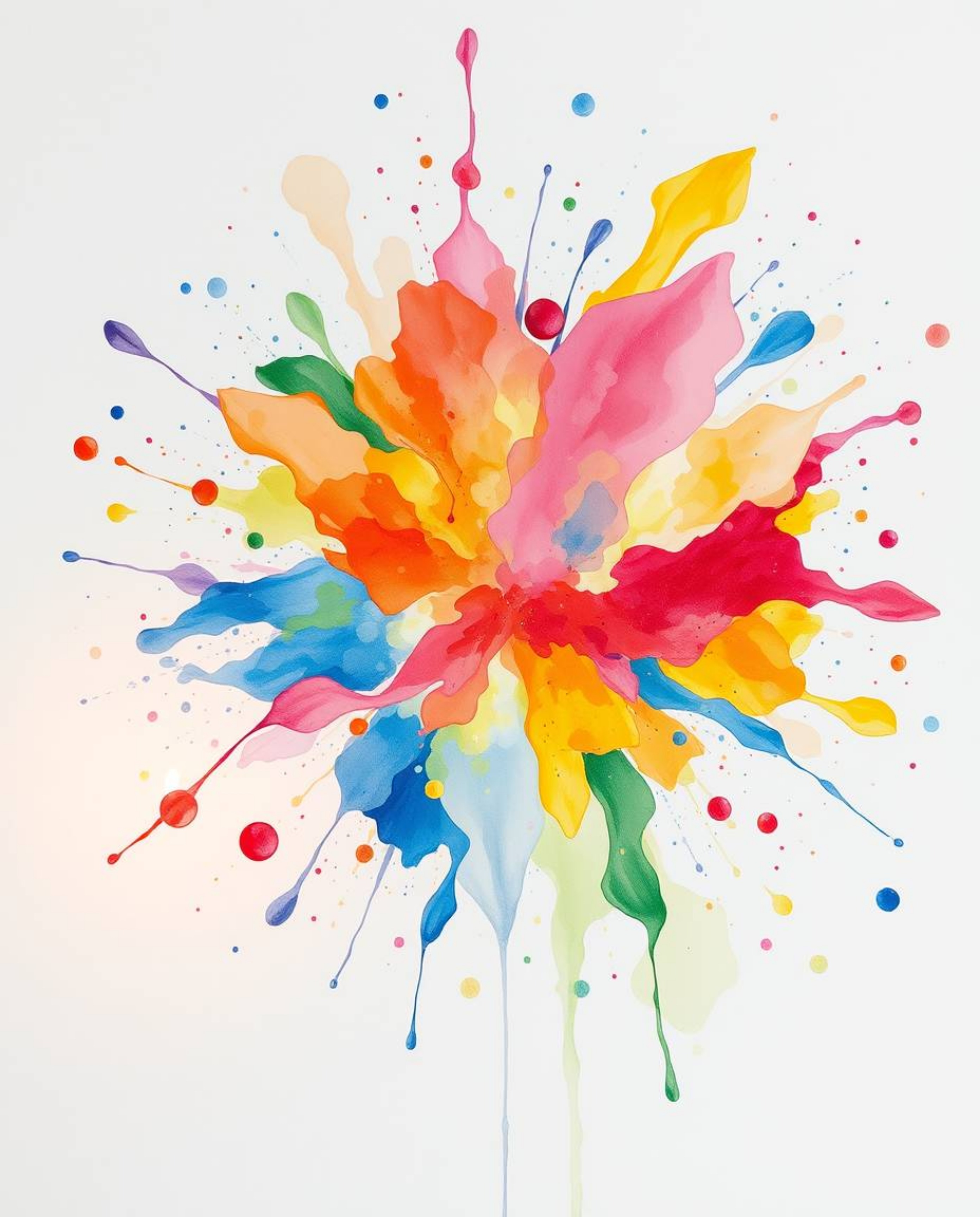This is a collection of delicate watercolor paintings showcasing vibrant paint explosions on a pristine white canvas. Each pi