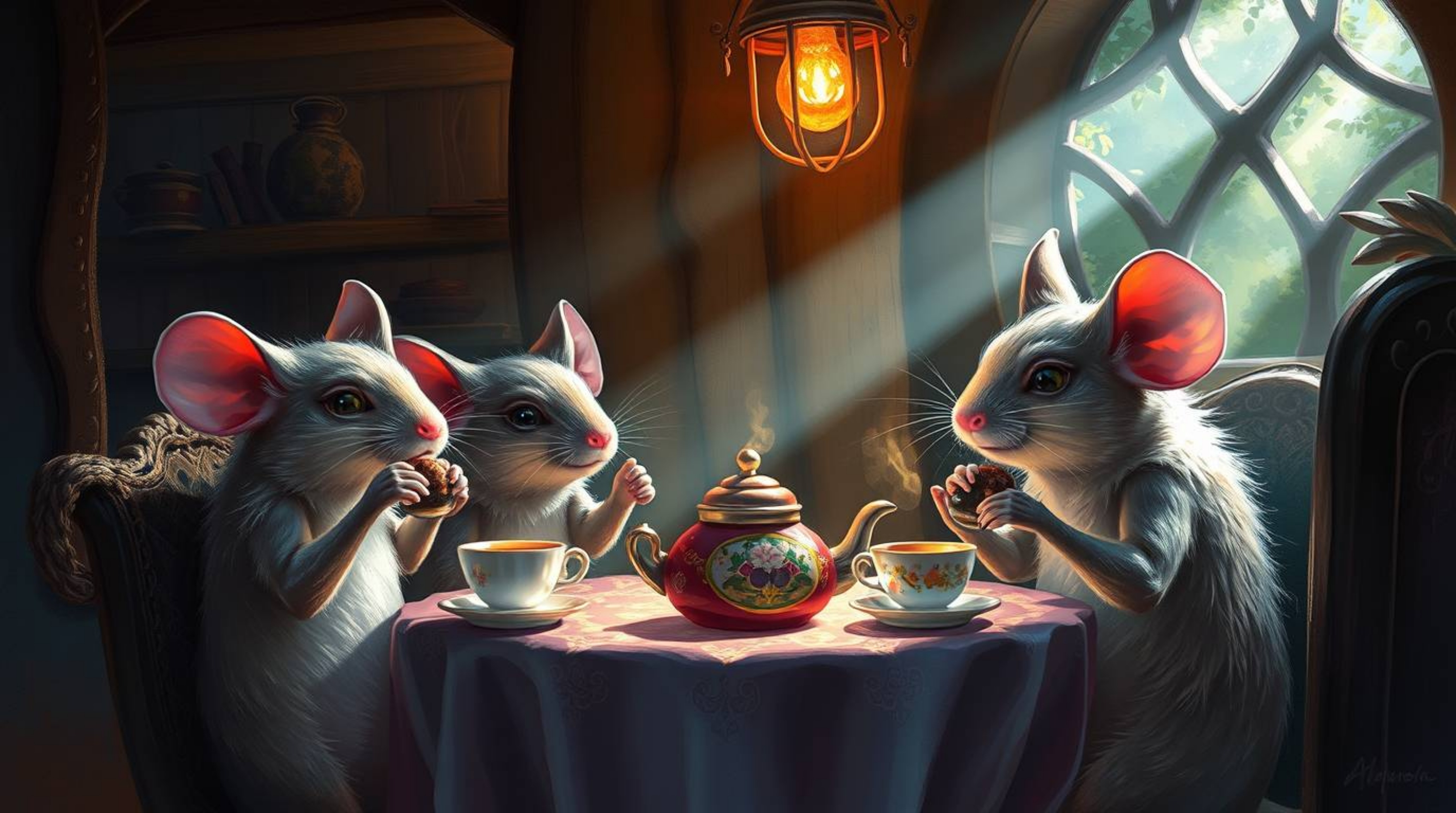 A captivating digital painting depicts anthropomorphic mice engaged in an intense tea party within a cozy cottage.  The scene