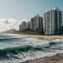 Experience the allure of a coastal city where modern architecture meets natural beauty.  Imagine sleek, tall buildings gracef