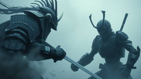 A dramatic close-up captures a samurai and a robot locked in a fierce battle within a dystopian world. Thick fog obscures the