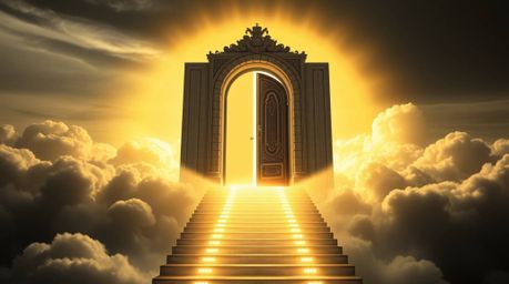 A stunning black and white fantasy realism photograph depicting a heavenly gate suspended above the clouds. Golden light pour