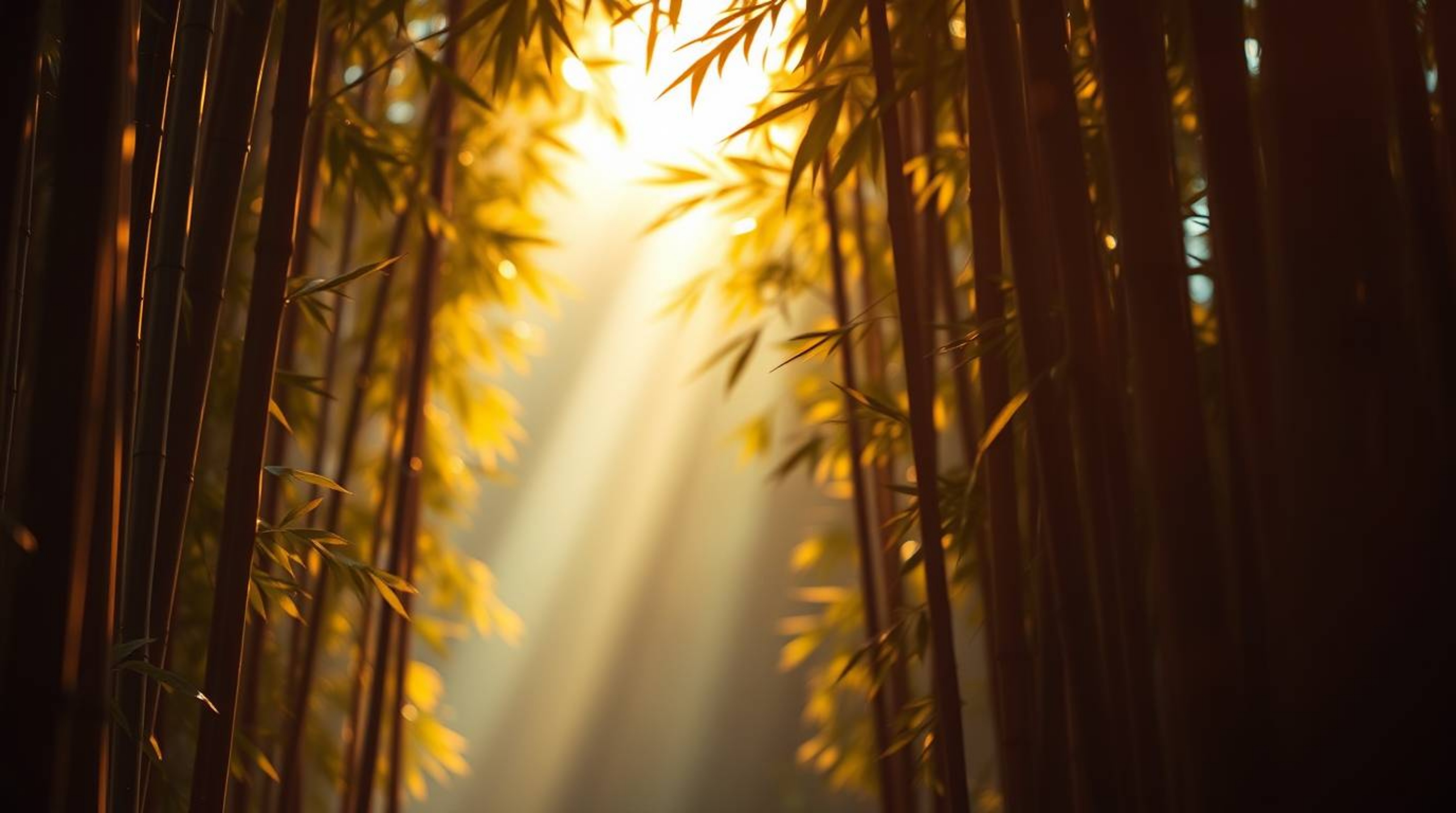 Experience the magic of a bamboo forest bathed in the warm glow of a sunset, captured with high contrast and low-key lighting