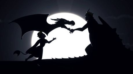 A captivating image depicting a charming prince battling a fearsome dragon, rendered in a classic 1950s animation style.  The