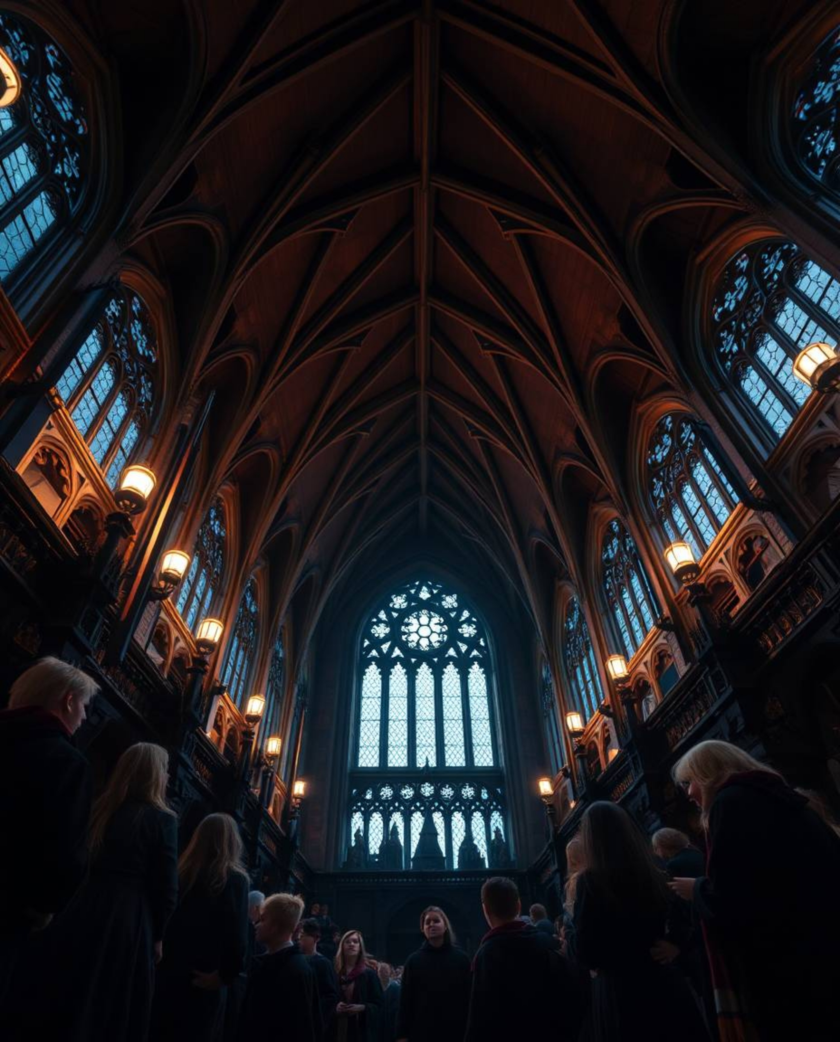 Experience a dramatic and imposing low-angle perspective of a magical school bustling with young wizards, capturing the essen