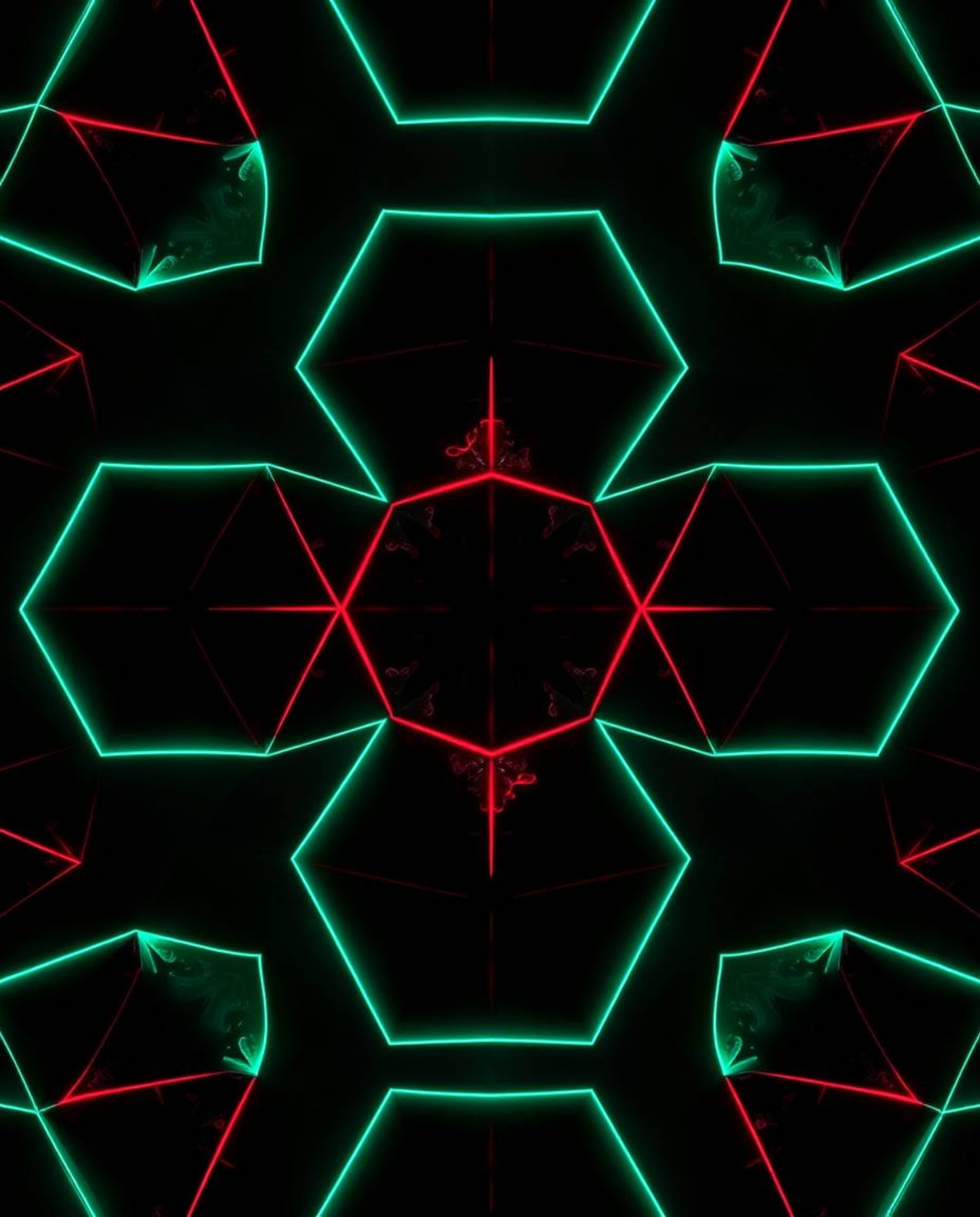 A distinct split creates an eerie atmosphere within this seamless geometric pattern of hexagons and triangles, rendered in a 